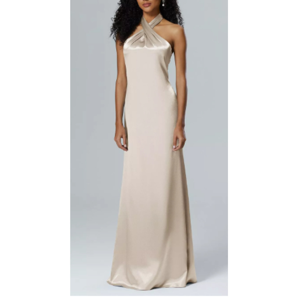 AW BRIDAL 2 XS champagne Serena satin formal bridesmaid maxi dress NEW b131
